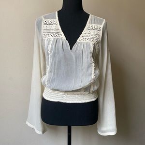 Semi Sheer Boho Peasant Cream Embroidered Blouse Edwardian Style Romantic